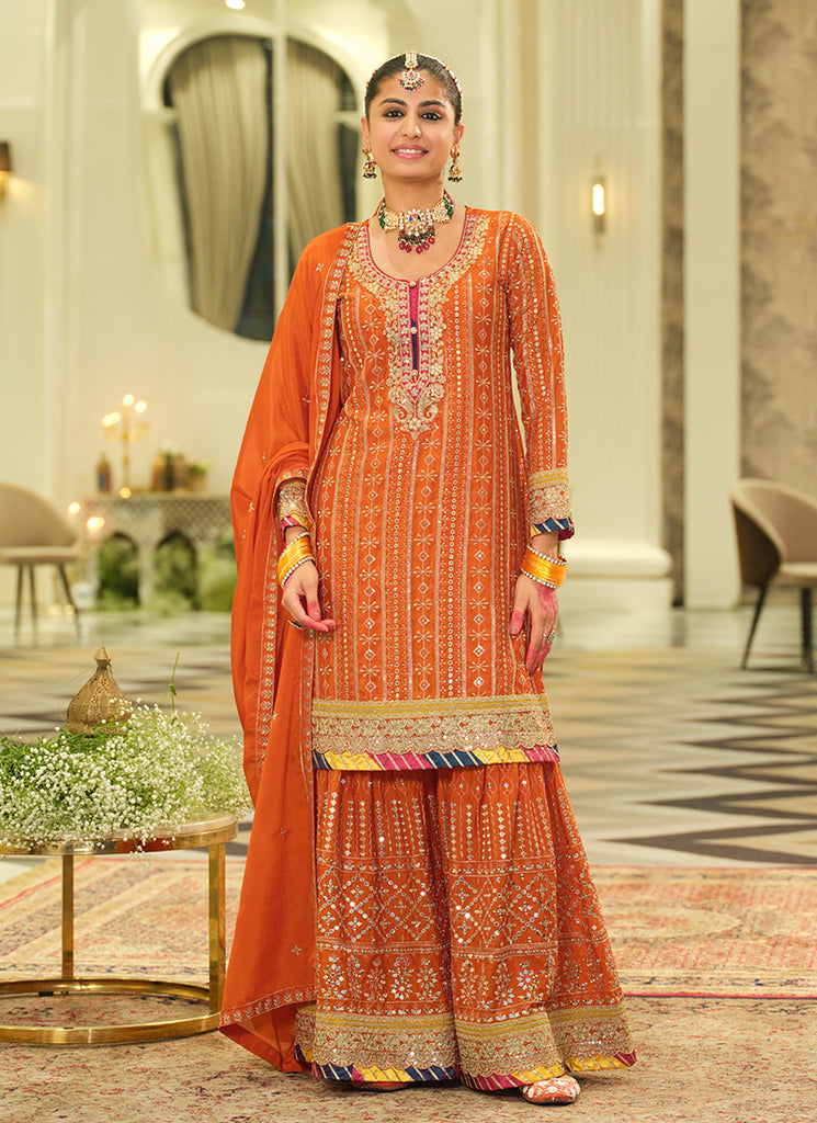 Orange Embroidered Traditional Gharara Suit