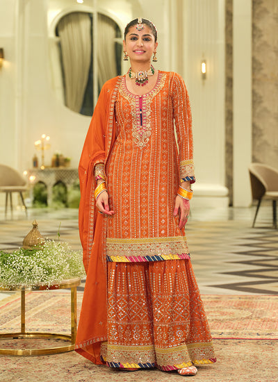 Orange Embroidered Traditional Gharara Suit