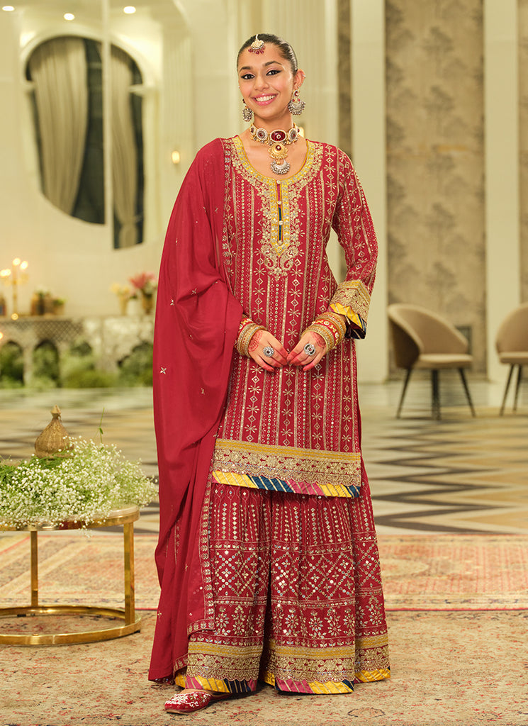 Red Embroidered Traditional Gharara Suit