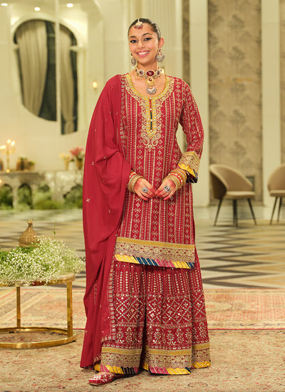 Red Embroidered Traditional Gharara Suit