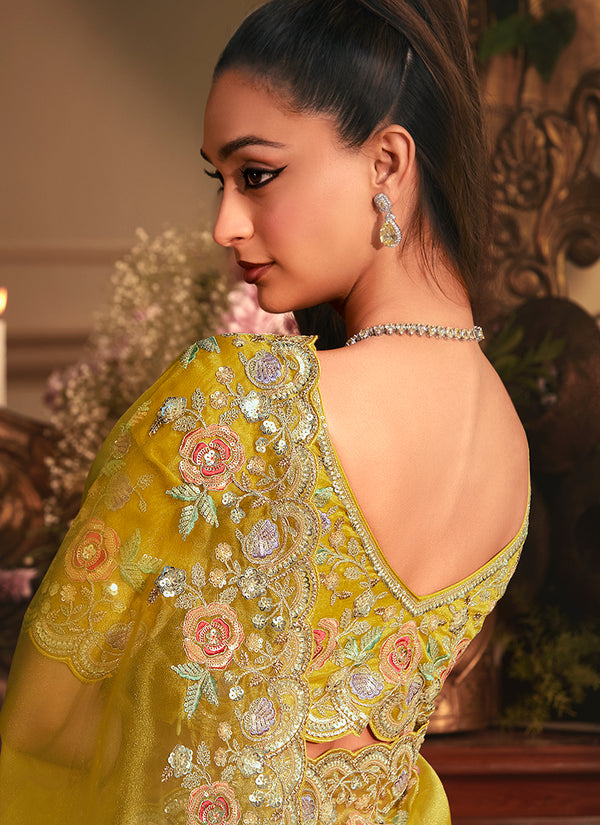 Golden Yellow Embroidered Tissue Silk Saree