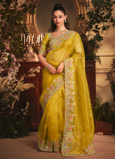 Golden Yellow Tissue Silk Saree