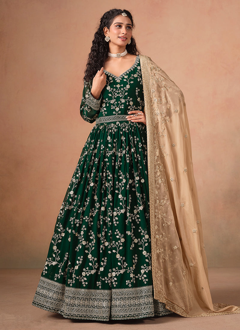 Dark Green Embroidery Anarkali Suit