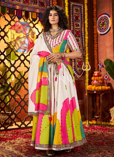 White Multicoloured Kutchi Embroidered Navratri Chaniya Choli