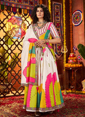White Multicoloured Kutchi Embroidered Navratri Chaniya Choli