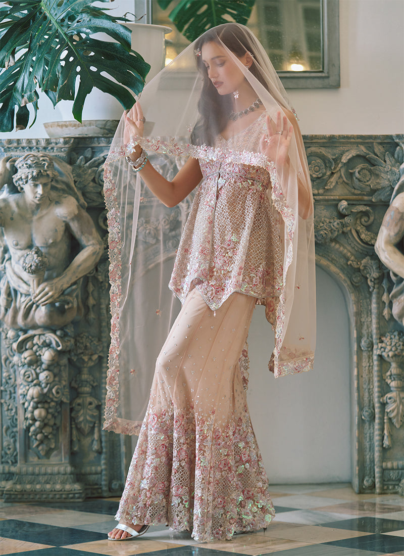 Buy Soft Peach Peplum Sharara Set In USA