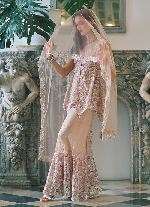 Buy Soft Peach Peplum Sharara Set In USA