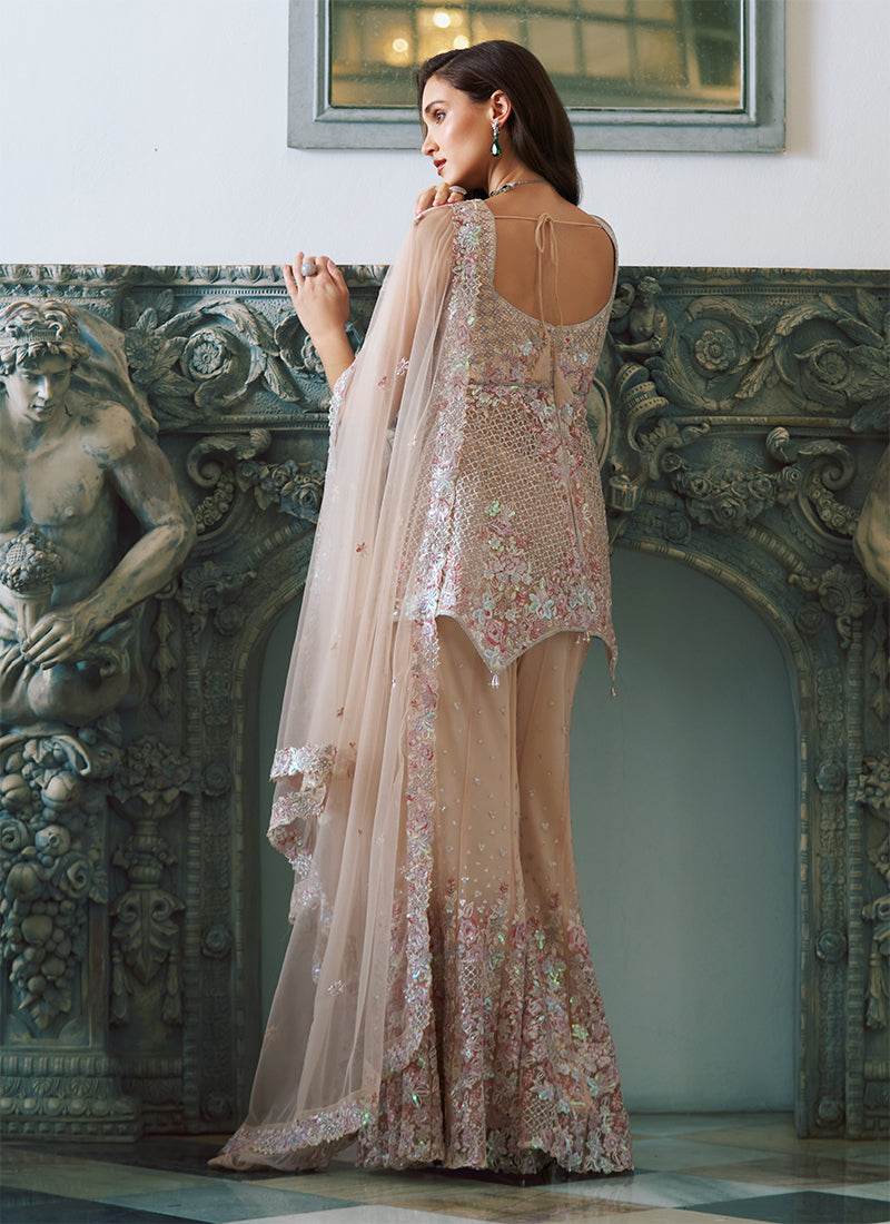 Shop Soft Peach Peplum Sharara Set Online