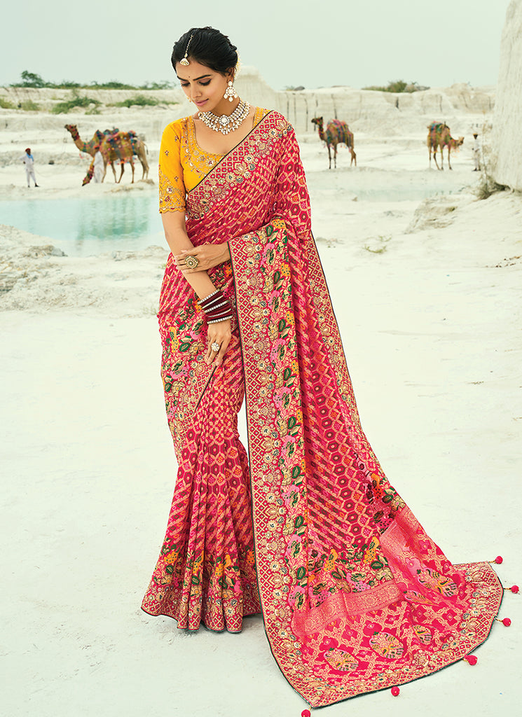 Red Handwork Georgette Bandhej Saree