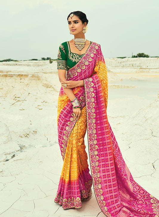 Pink And Yellow Handwork Bandhej Saree