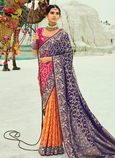 Purple And Pink Georgette Bandhej Saree