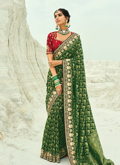 Green Handwork Georgette Bandhej Saree