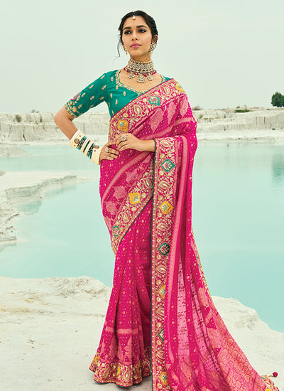 Magenta And Teal Bandhej Saree