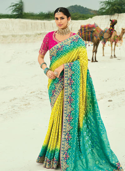 Turquoise And Yellow Handwork Bandhej Saree
