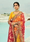 Red And Yellow Handwork Embroidery Georgette Bandhej Saree