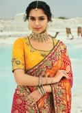 Red And Yellow Handwork Embroidery Georgette Bandhej Saree