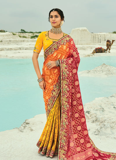 Red And Yellow Handwork Embroidery Georgette Bandhej Saree