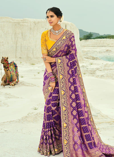 Purple And Yellow Georgette Bandhej Saree