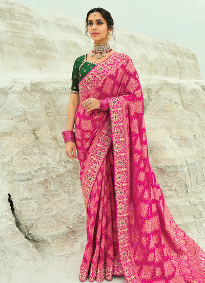 Pink And Green Handwork Bandhej Saree