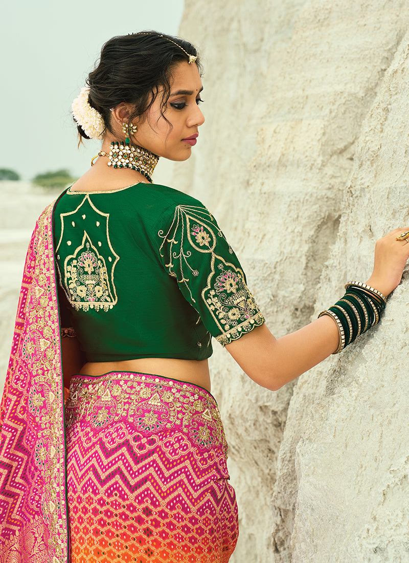 Orange And Green  Bandhani Sarees Online