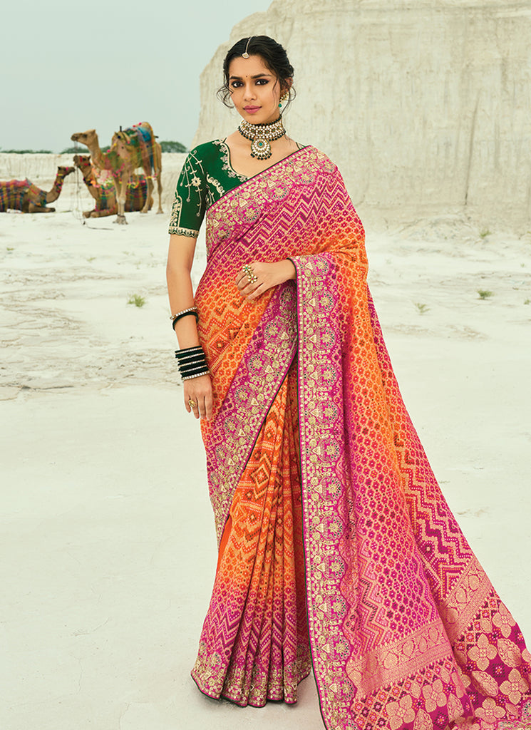 Orange And Green Handwork Bandhej Saree