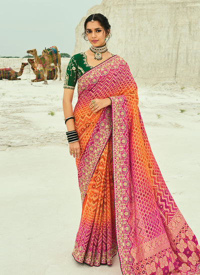 Orange And Green Handwork Bandhej Saree