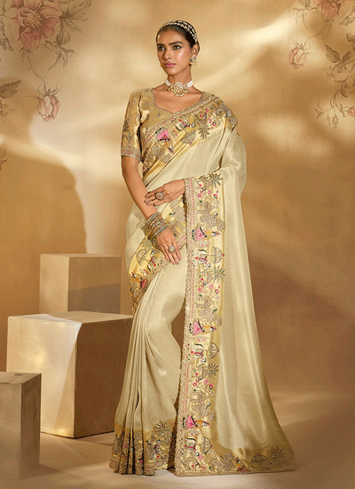 Beige Golden Handwork Embroidery Saree