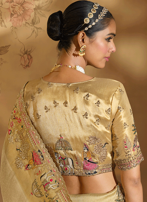 Buy Beige Golden Saree In USA