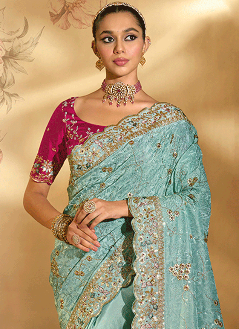 Shop Sky Blue And Magenta Sari In Canada