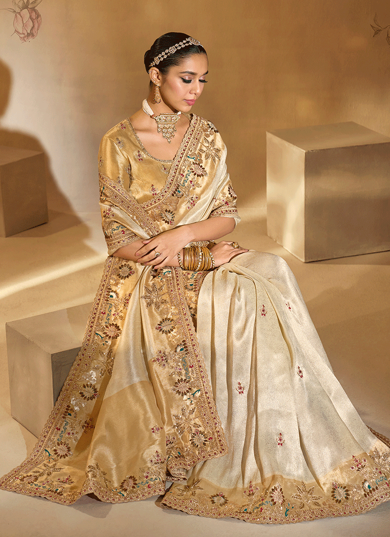 Shop Ivory And Gold Ready To Wear Saree Online