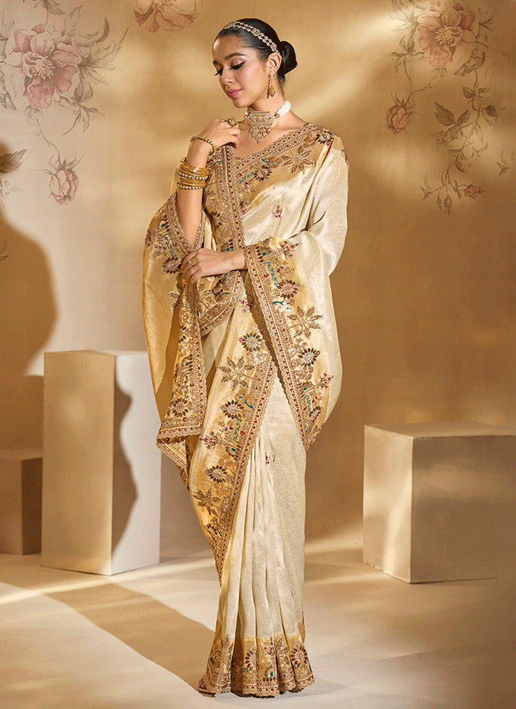 Ivory And Gold Handwork Embroidery Saree