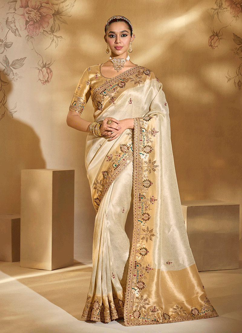 Ivory And Gold Handwork Embroidery Saree