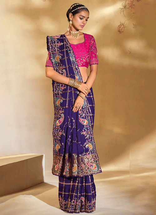 Shop Violet And Magenta Handwork Sari In France