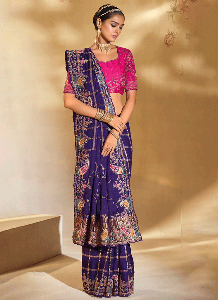 Shop Violet And Magenta Handwork Sari In France