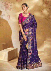 Violet And Magenta Handwork Embroidery Saree