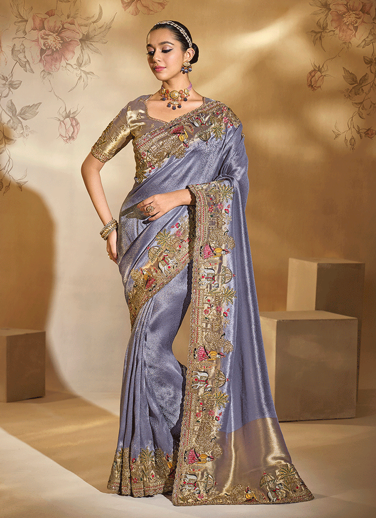 Lavender And Copper Handwork Embroidery Saree