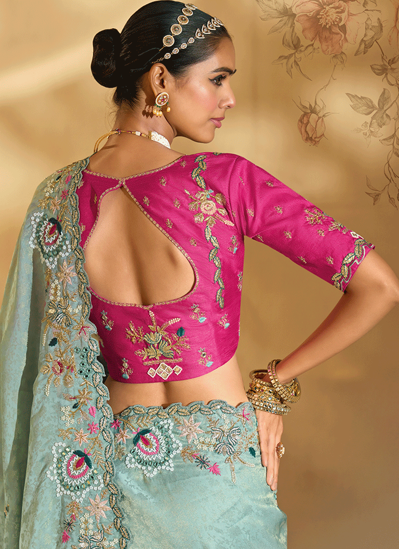 Shop Sea Green And Magenta Handwork Sari In Singapore