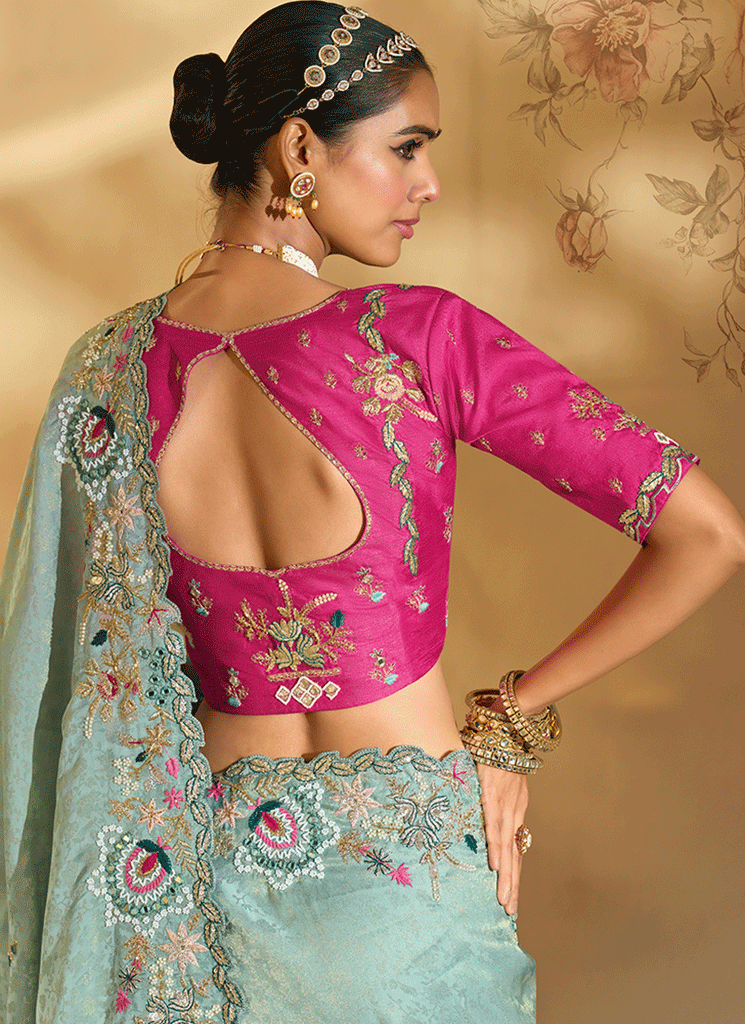 Shop Sea Green And Magenta Handwork Sari In Singapore