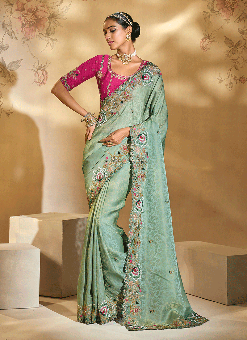Sea Green And Magenta Handwork Embroidery Saree