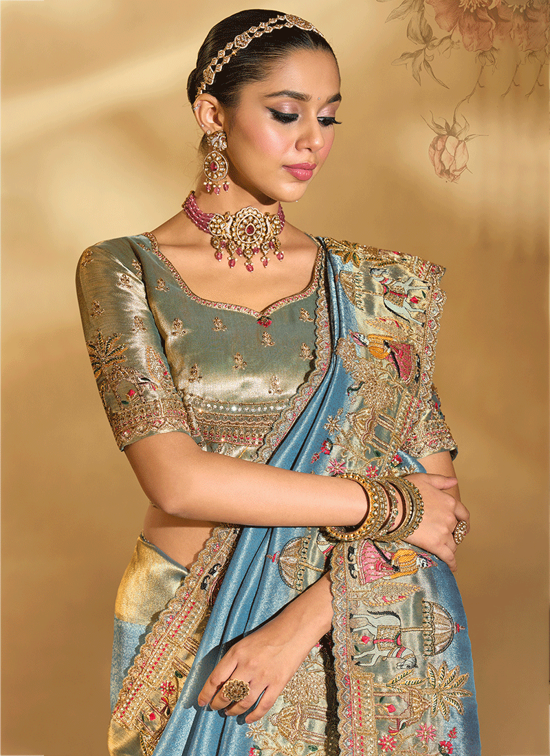 Shop Mist Blue And Green Handwork Bollywod Sari Online