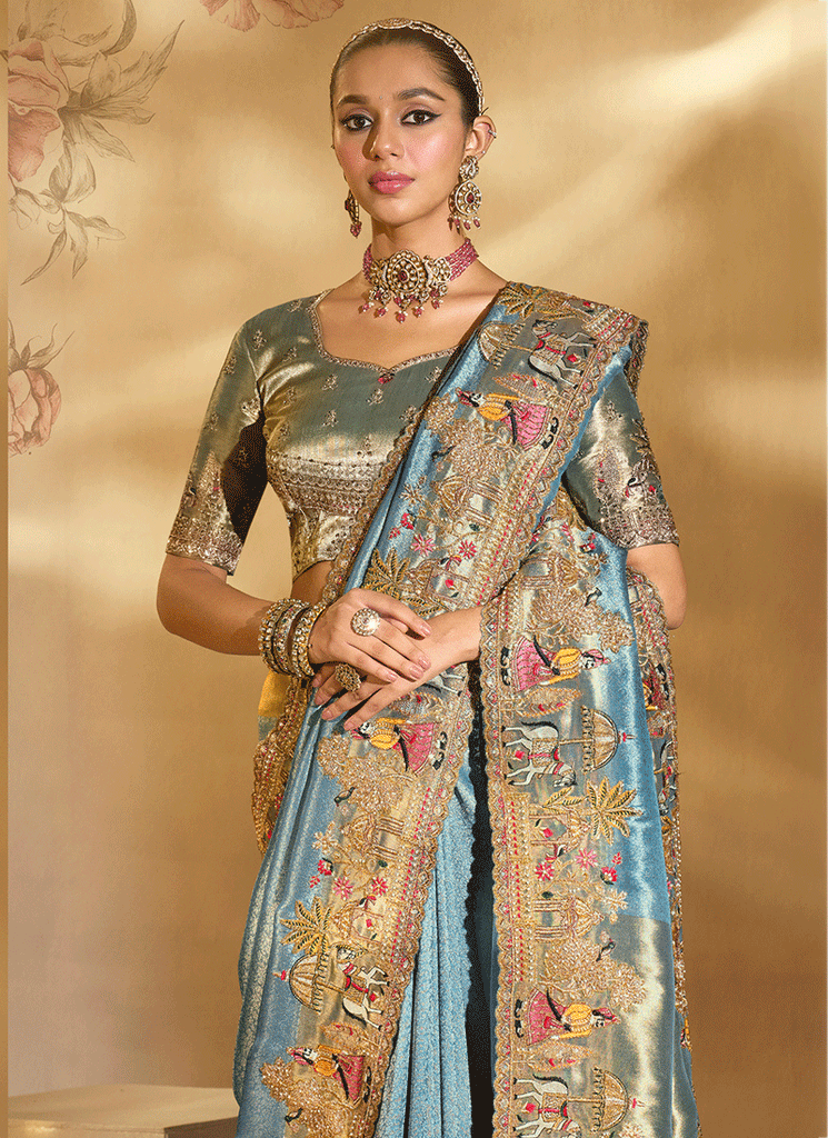 Shop Mist Blue And Green Handwork Sari In Canada
