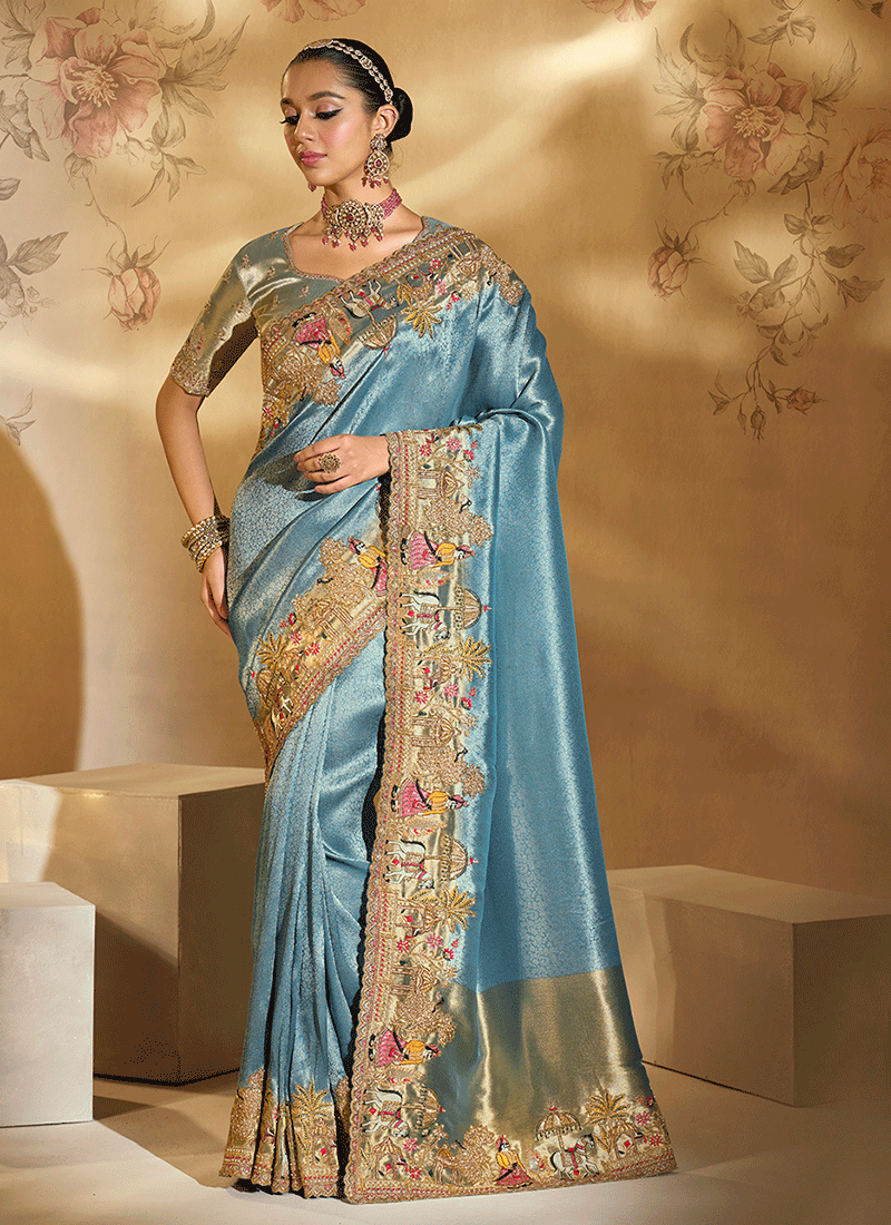 Mist Blue And Green Handwork Embroidery Saree