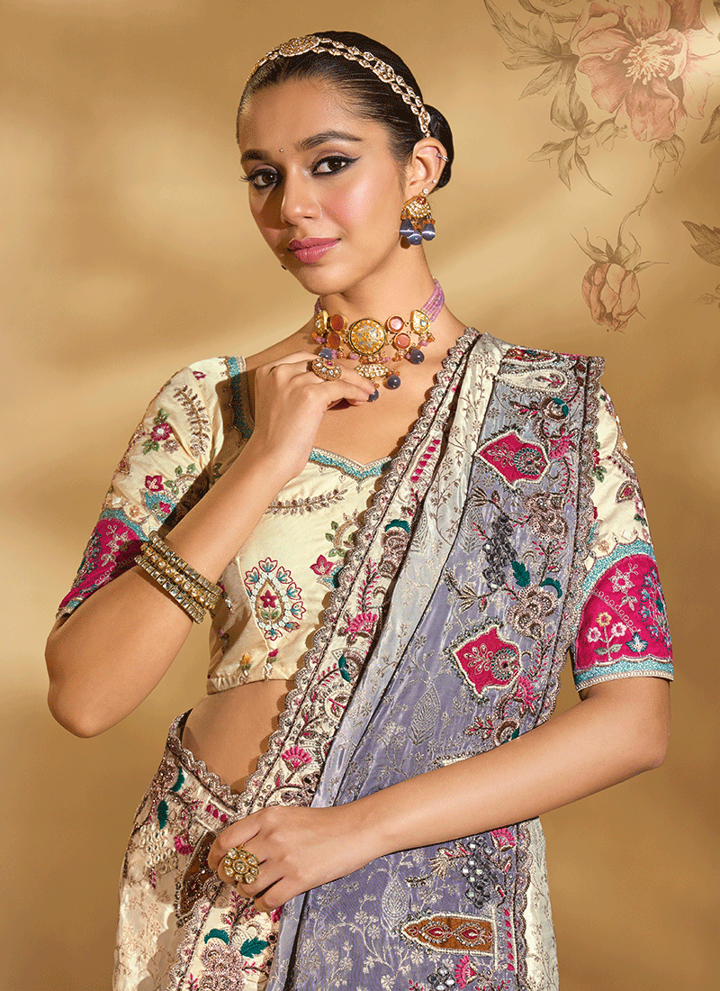 Buy Cream Purple Ombré Handwork Sari In New Zealand