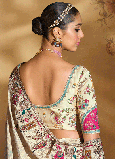 Cream Purple Ombré Handwork Embroidery Saree