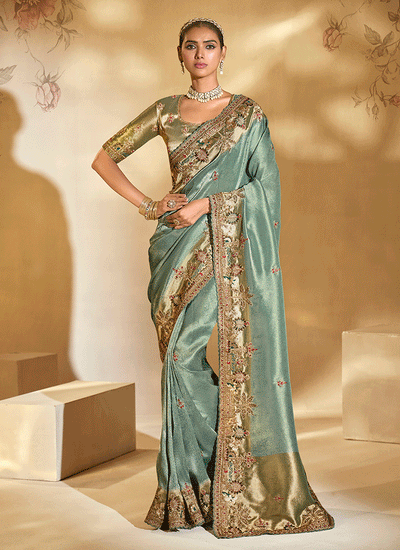 Teal And Green Handwork Embroidery Saree