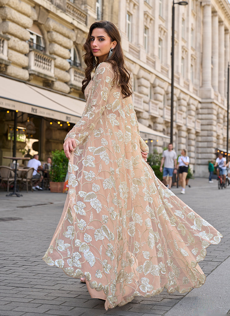 Indo Western Indian Long Jacket Gown Buy Bollywood Suit In USA Peach Jacket Style Indo Western Set Indo Western Indian Long Jacket Gown Buy Bollywood Suit In USA Peach Jacket Style Indo Western Set
