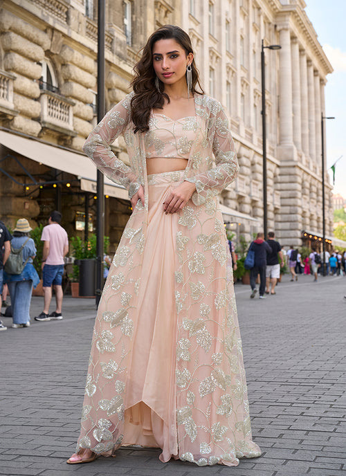 Peach Embroidery Jacket Style Indo Western Set