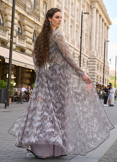 Purple Embroidery Jacket Style Indo Western Set