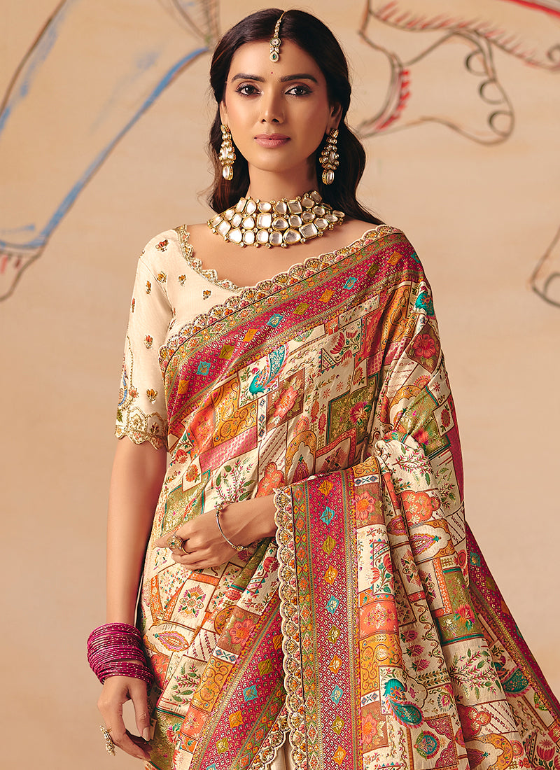 Buy Ivory Cream Designer Saree In USA