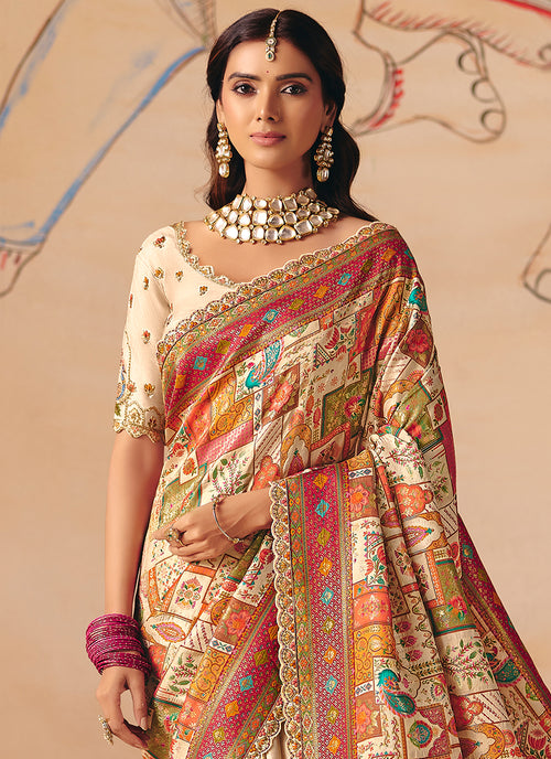 Buy Ivory Cream Designer Saree In USA